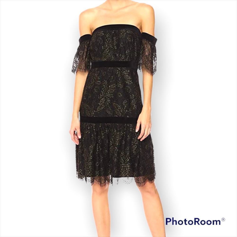 Nanette Lepore Off Shoulder velvet trim gold metallic threads Lace evening Dress